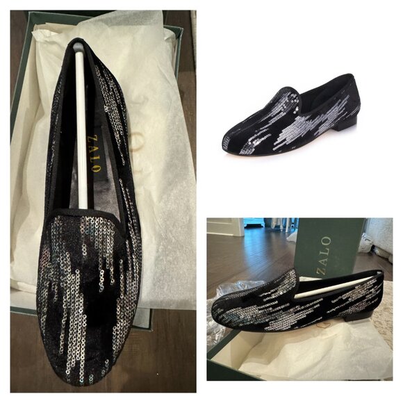 Zalo Gentry Flat Oxford Silver NIKA Black Pewtr Black Spain Sequin Loafer Velvet - Picture 1 of 15